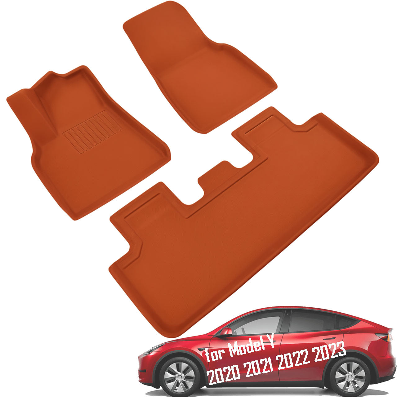 Floor Mats for Tesla Model Y 2020-2024, XPE Material, Orange, 3 Pieces