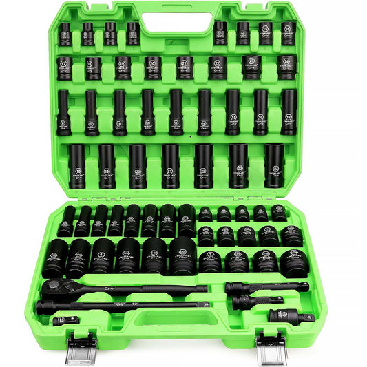 66-Piece 1/2" Drive Impact Socket Set - Comprehensive SAE & Metric Sizes with Ratchet and Extensions