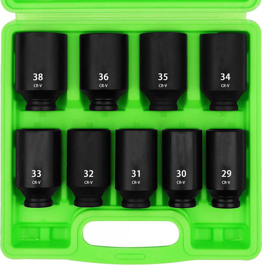 9-Piece 1/2" Metric Spindle Axle Nut Impact Socket Set - CR-V Steel (29mm-38mm)