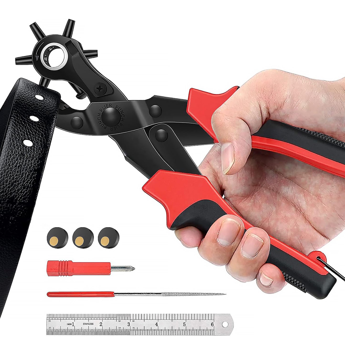 Revolving Punch Plier Kit, Leather Hole Punch Set for Belts, Watch Bands, Straps, Dog Collars, Saddles, Shoes, Fabric, DIY Home or Craft Projects, Rotary Puncher, Multi Hole Sizes Make