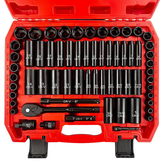 SAE/Metric 64pcs 3/8" Drive Impact Socket Set, 6 Point with Adapters, 72T Ratchet Handle, Extension Bars, Bit Adapter, 6-24mm, 5/16-1 inch