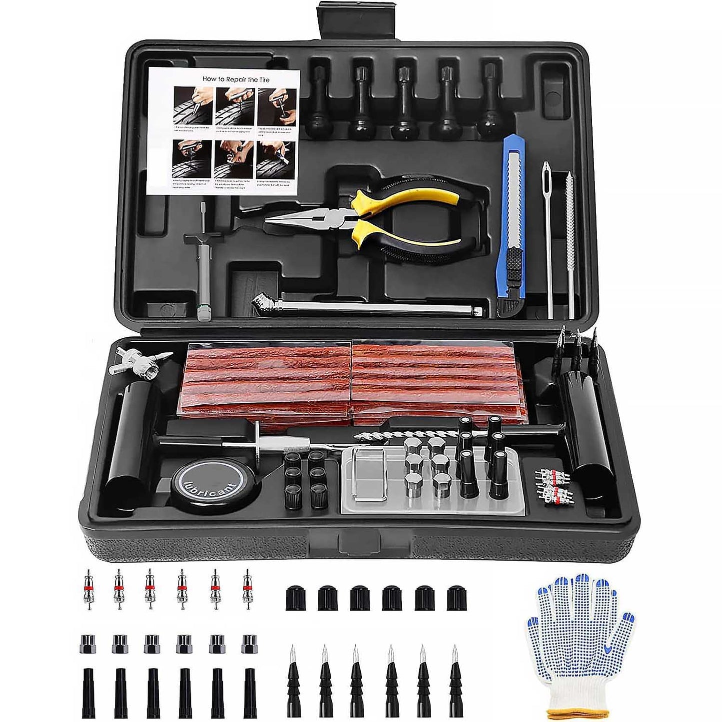 102 Pcs Tire Repair Kit Universal Tools to Fix Punctures and Plug Flats for Most Vehicles