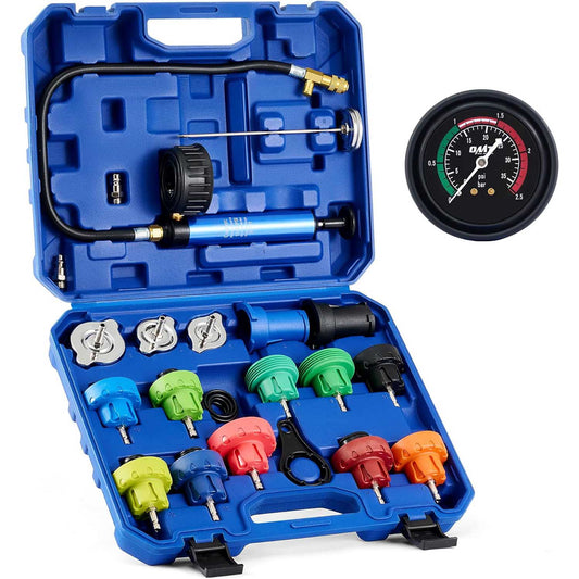 19pc Coolant Pressure Tester Kit, with 15 Radiator Adapters & Wrench for Water Tank with Vacuum Pump & Probe Thermometer