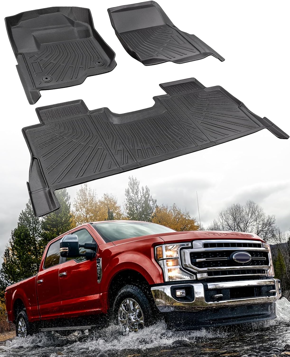 Floor Mats for Ford F250/F350/F450 2017-2024 Super Duty Crew Cab, Black, 3 Pieces