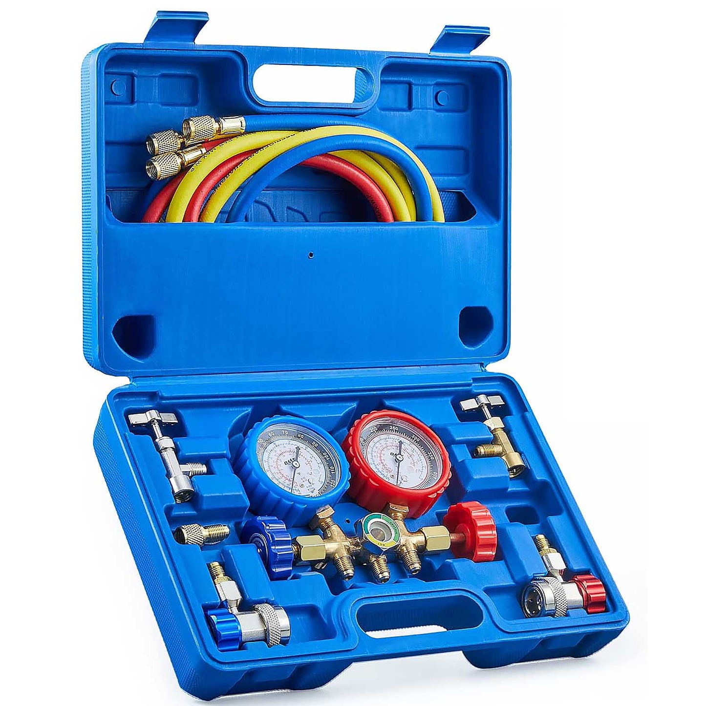 AC Gauges, AC Manifold Gauge Set for R134a R12 R502 Refrigerant, 3 Way Car with 5FT Hoses Couplers & Adapter, Puncturing & Self Sealing Can Tap Freon Charge Kit