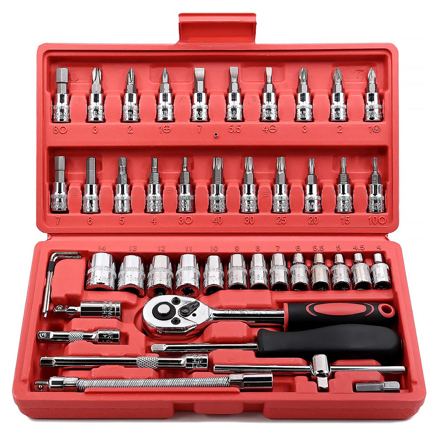 46 Pieces 1/4 inch Drive Socket Ratchet Wrench Set, with Bit Socket Set Metric and Extension Bar for Auto Repairing and Household