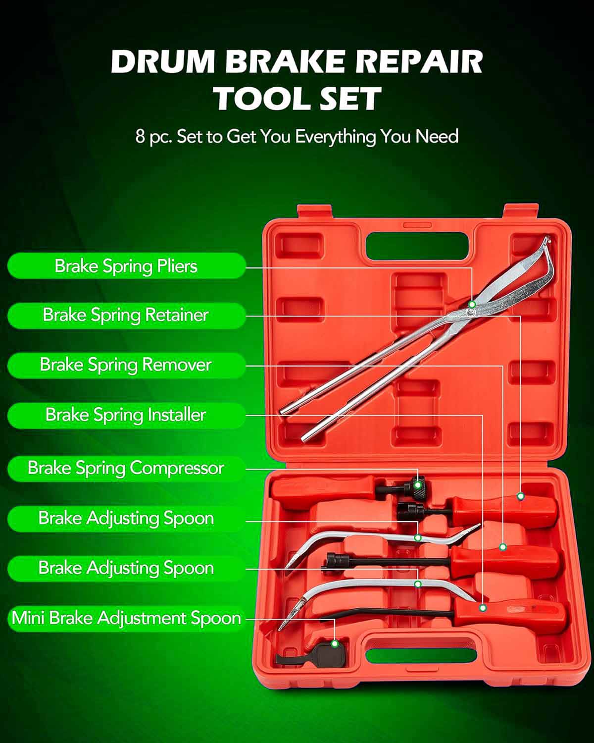 8pc Drum Brake Tool Kit, with Drum Brake Spring Tool, Brake Spring Compressor, Brake Spring Pliers, Drum Brake Adjusting Tool, Brake Spoon Set