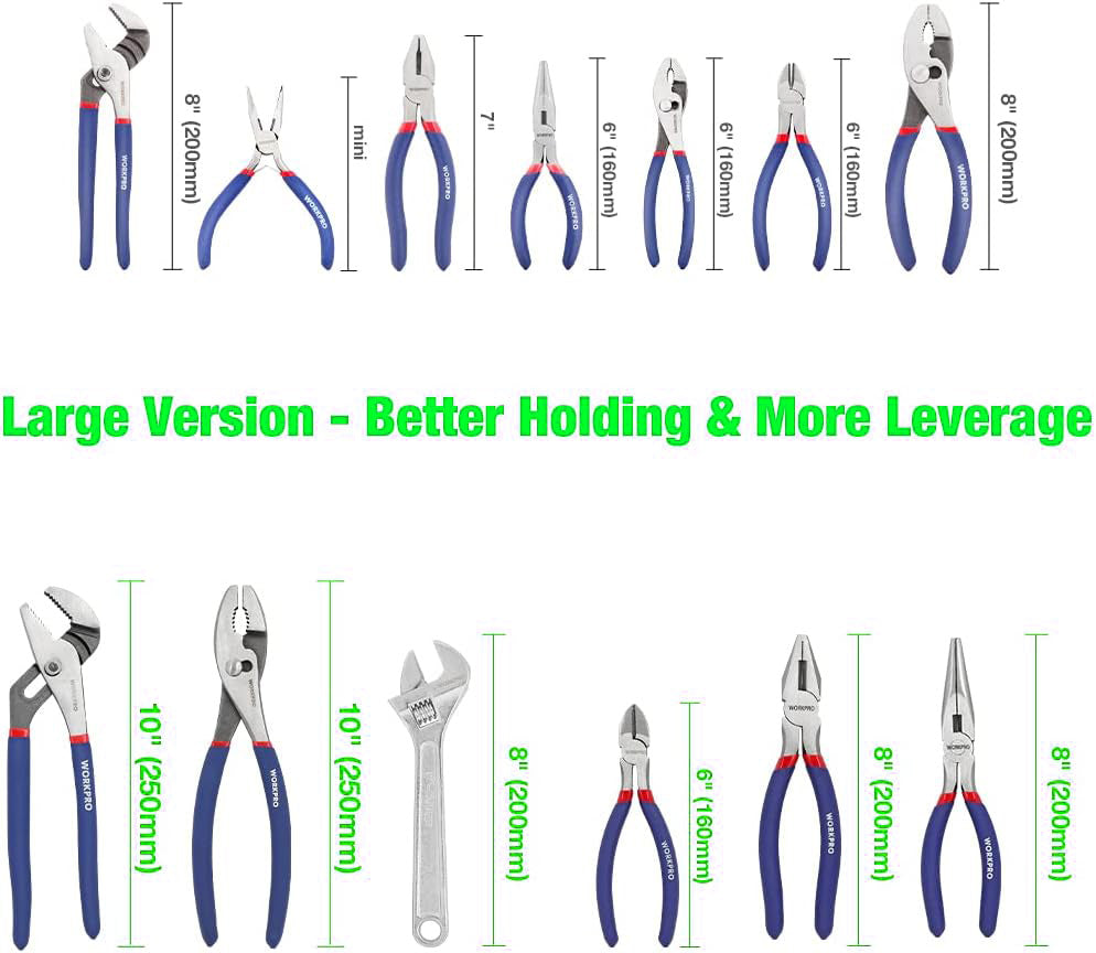 Large Pliers & Wrench Set, 10" Water Pump Pliers, 10" Slip Joint Pliers, 8" Long Nose Pliers, 8" Linesman Pliers, 6" Diagonal Pliers, 8" Adjustable Wrench for DIY & Home Use