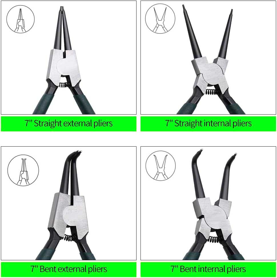 Snap Ring Pliers Set 4pcs 7" Internal/External Circlip Pliers Kit with Straight/Bent Jaw for Ring, Hoses, Gaskets Remove and Retaining