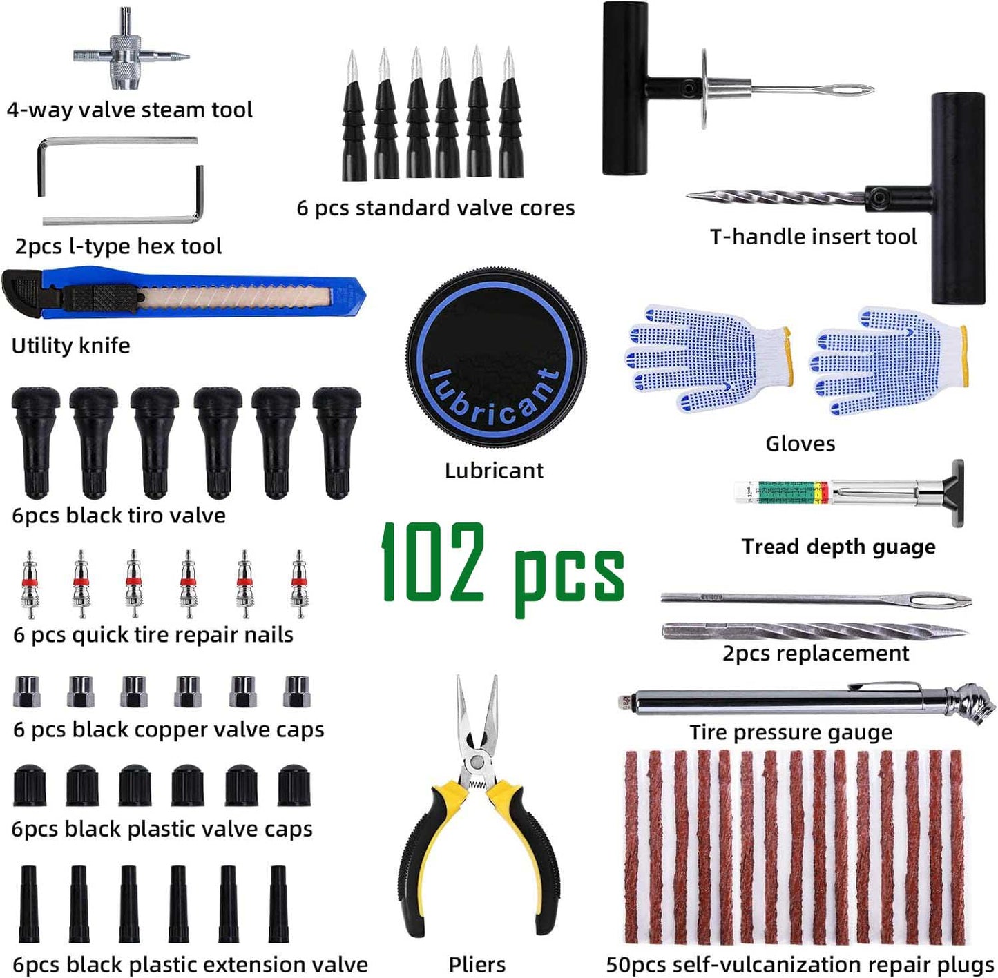 102 Pcs Tire Repair Kit Universal Tools to Fix Punctures and Plug Flats for Most Vehicles