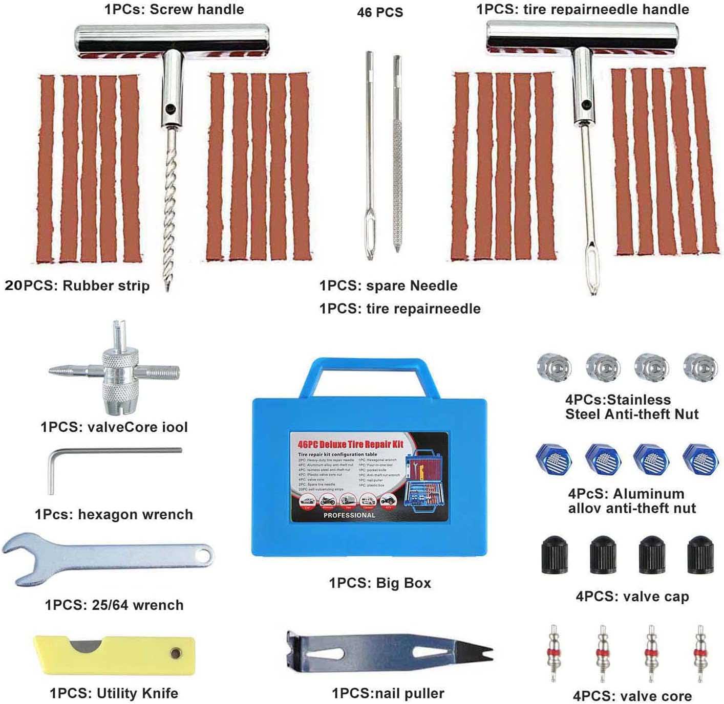 46pcs Tire Repair Kit with Universal Tire Patch Kit to Plug Flats For Most Vehicles