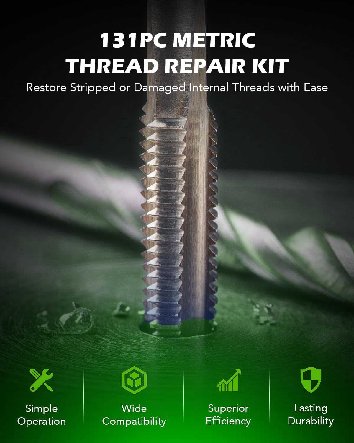 131pc Metric Thread Repair Kit with HSS Drill Bits Thread Inserts Taps Breakoff Installation Tools