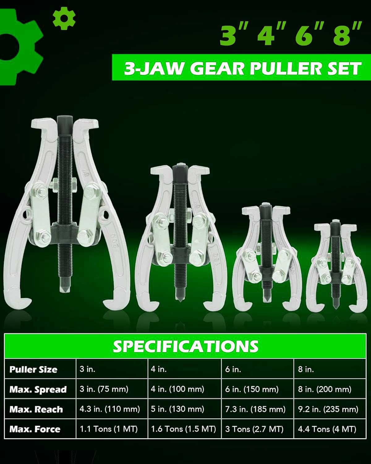 4 Pcs 3 Jaw Puller Kit for Pulley Gear Bearing Flywheel Removal,  3" 4" 6" 8" Reversible Gear Puller Set