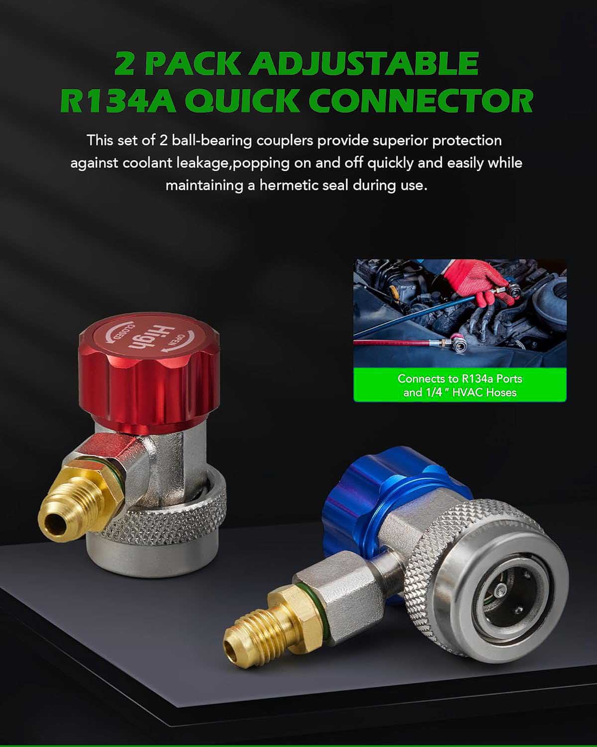 R134a Quick Coupler Adapter, Adjustable R134a Adapters and AC Hose Fittings, HP and LP Connectors for R134a Car AC System Evacuation Recharging and More, 1/4" Flares, Set of 2