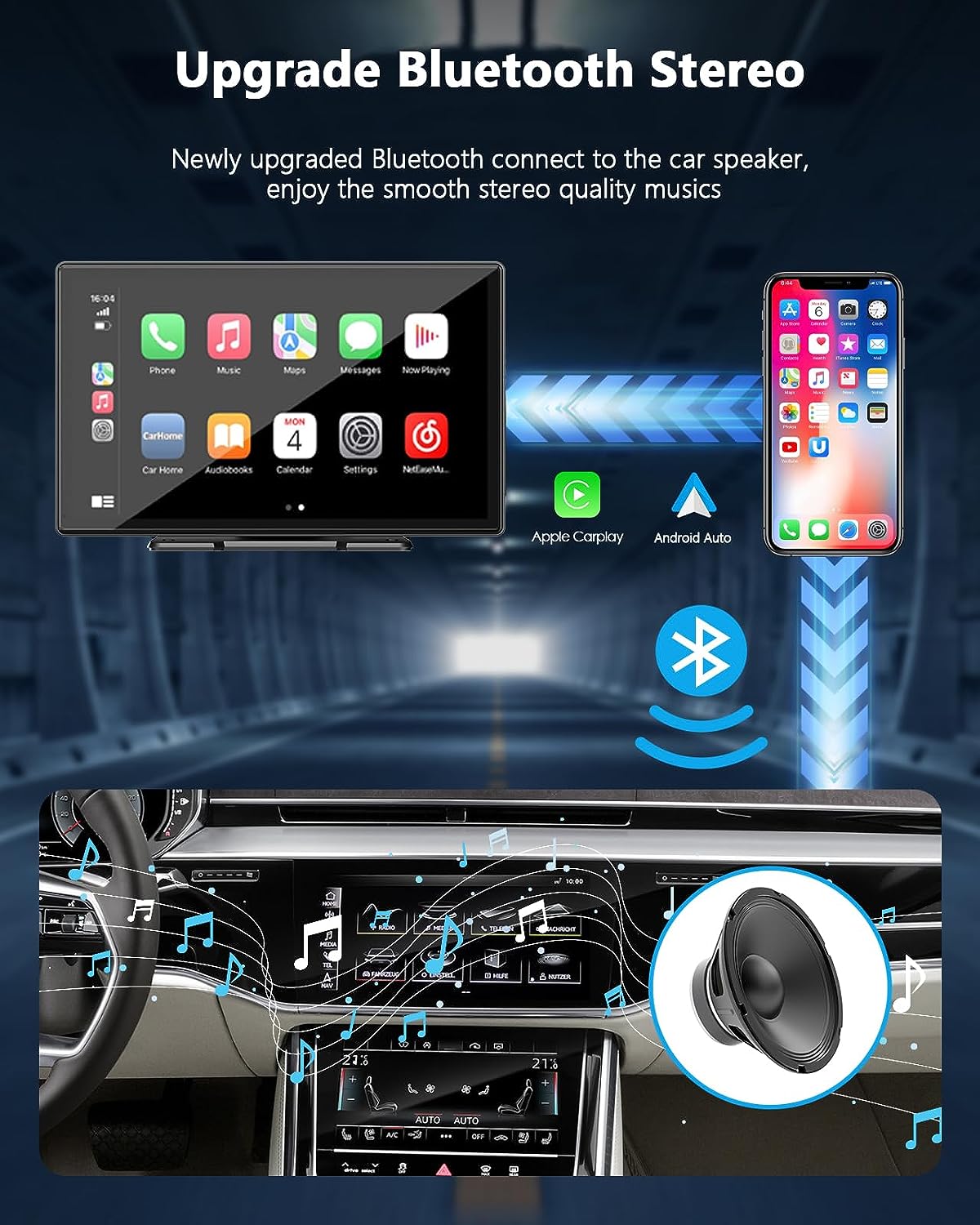 9 Inch Wireless Car Touch Screen with Apple Carplay & Android Auto Bluetooth Stereo