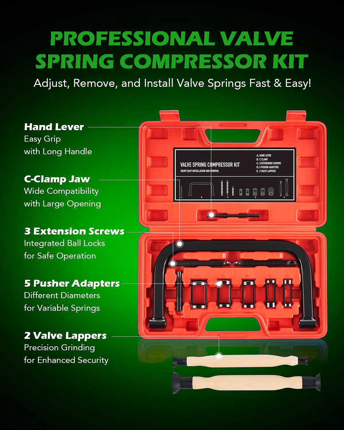 Valve Spring Compressor, 10pcs Valve Spring Removal Tool with Solid C Clamp, 5pcs Collet Pusher Adapters for Motorcycle, ATV, Car, Small Engine Vehicle Equipment