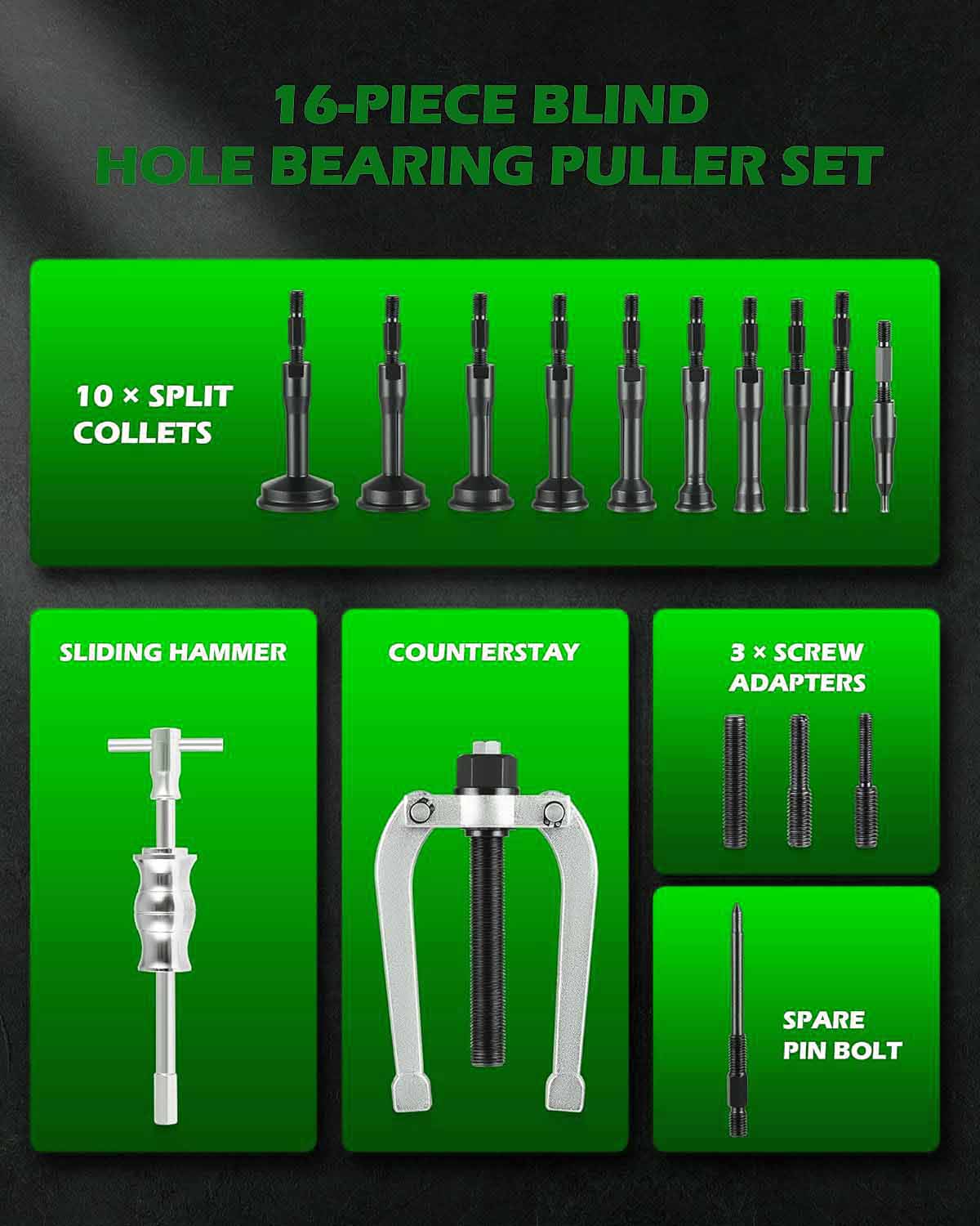 16PCS Blind Hole Collet Bearing Race and Seal Puller Extractor Kit, Slide Hammer Pilot Insert Inner Internal Bearing Removal Tool Set