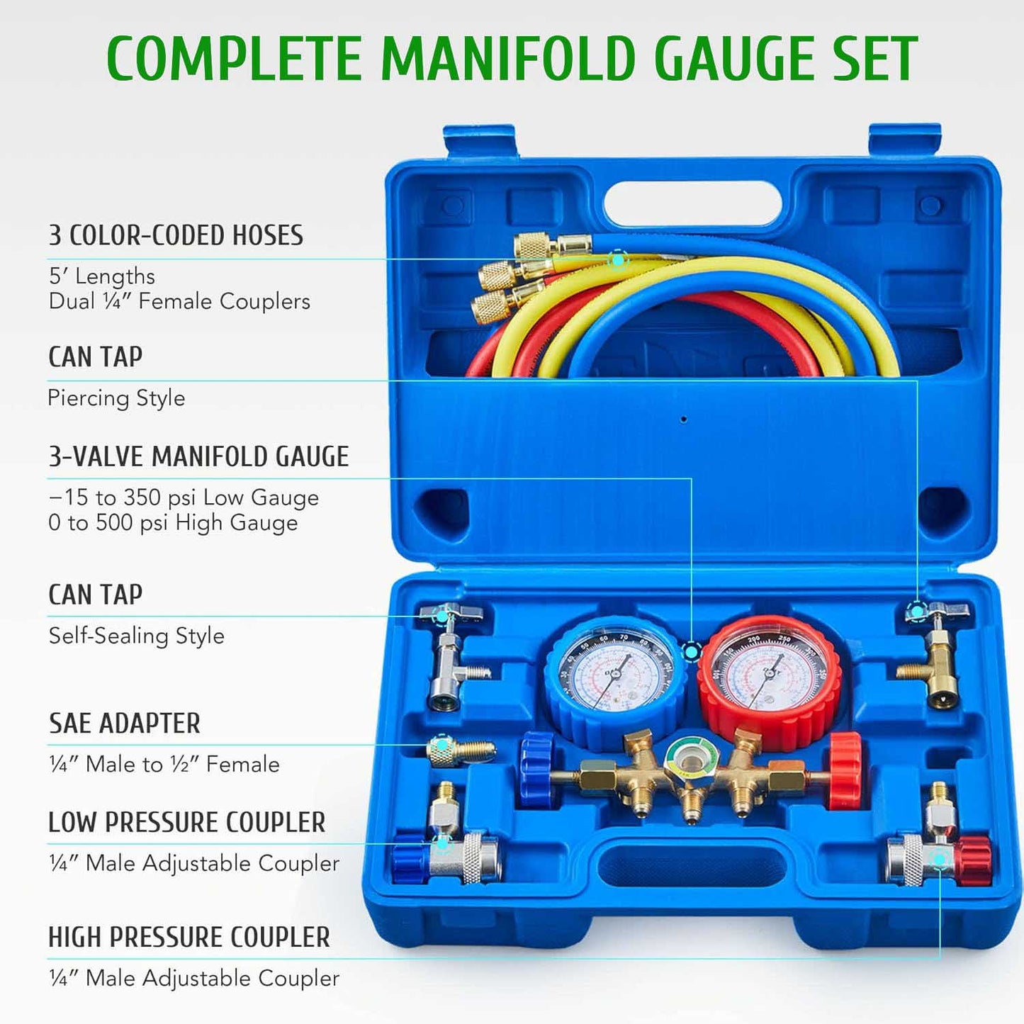 AC Gauges, AC Manifold Gauge Set for R134a R12 R502 Refrigerant, 3 Way Car with 5FT Hoses Couplers & Adapter, Puncturing & Self Sealing Can Tap Freon Charge Kit