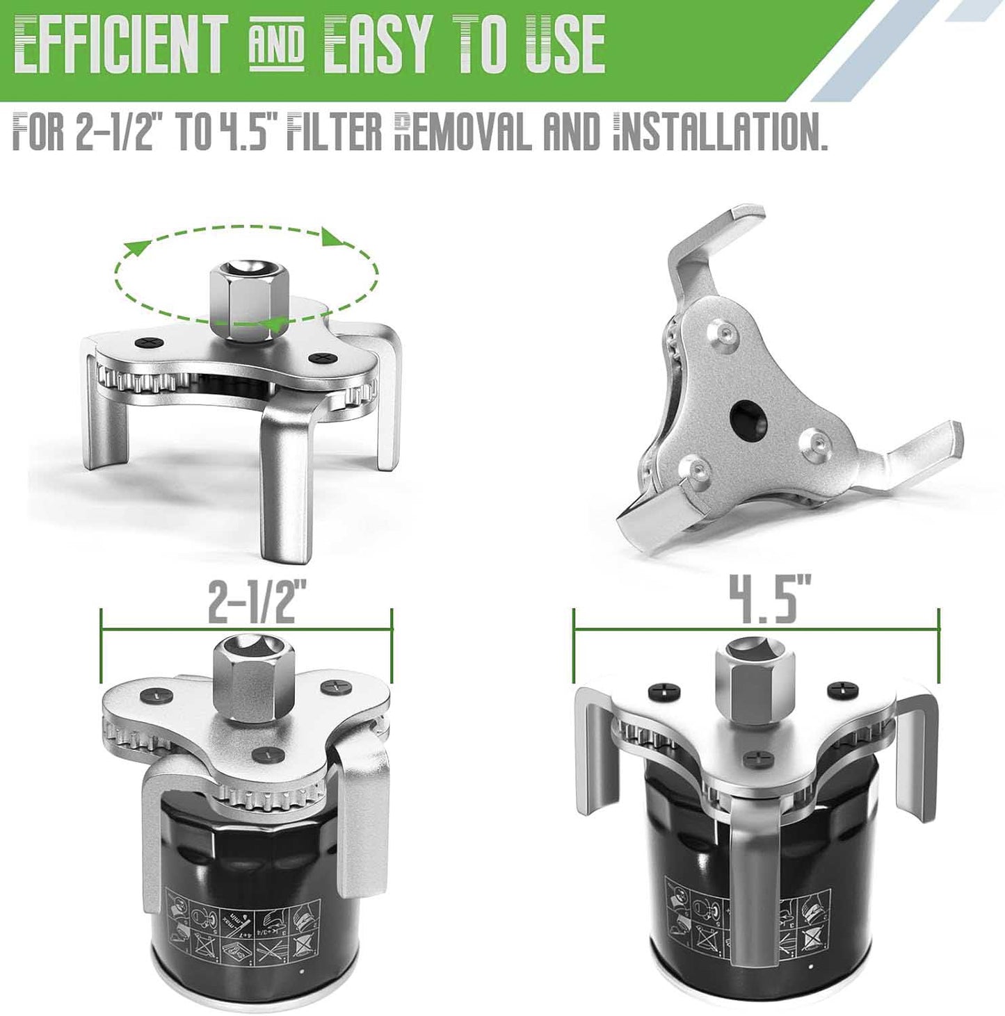 Universal Oil Filter Removal Tool Set, Efficiency 2 Way Wrench Adjustable from 2-1/2 inch to 4.5 inch 3 Jaw