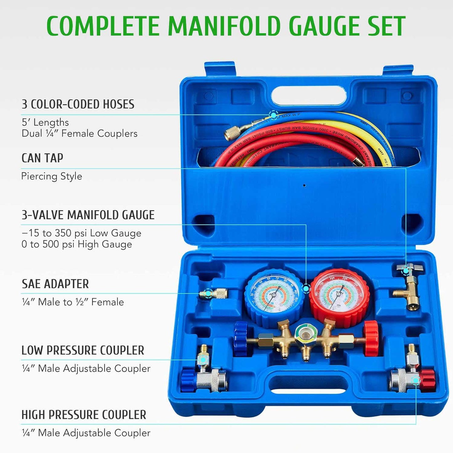 AC Gauges, AC Manifold Gauge Set for R134a R12 R22 R502, 3 Way Automotive AC Gauge Set with Antishock Gauges Hoses Couplers Adapter, Puncturing Can Tap Freon Recharge Kit