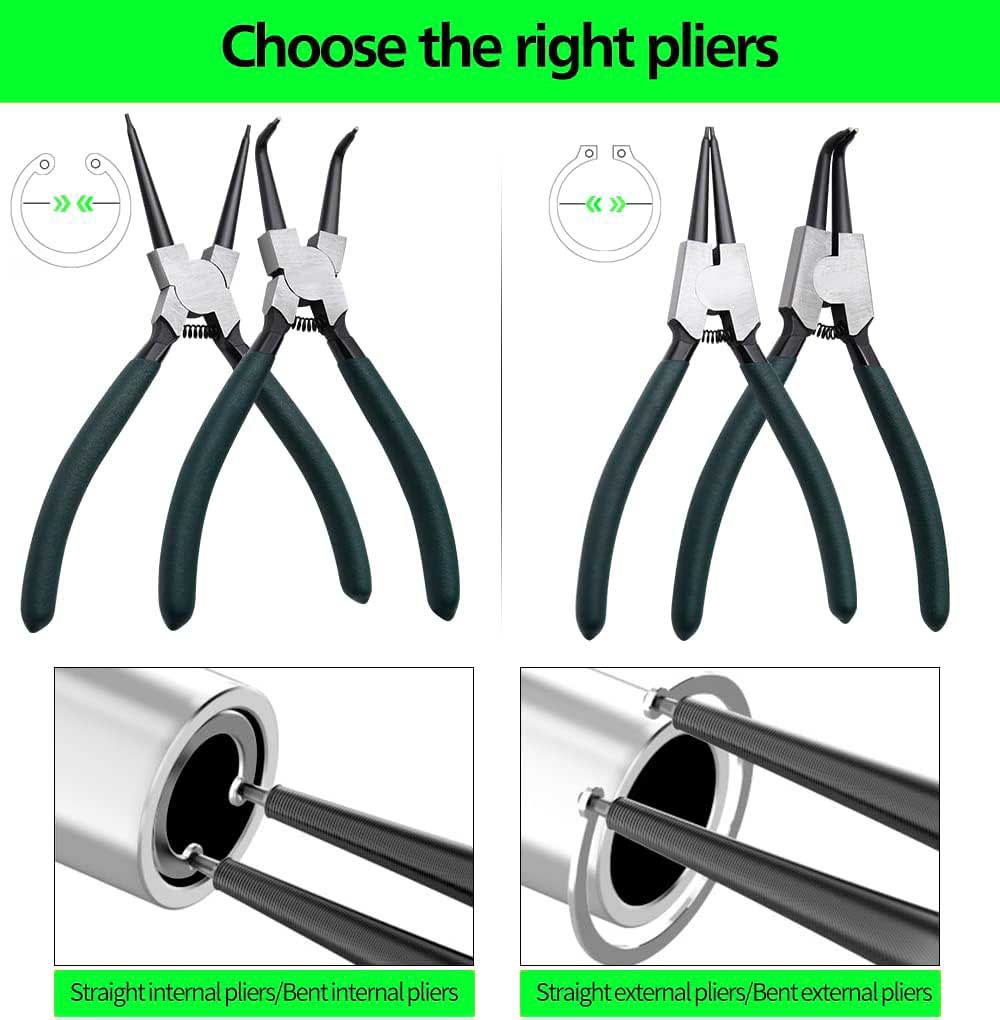 Snap Ring Pliers Set 4pcs 7" Internal/External Circlip Pliers Kit with Straight/Bent Jaw for Ring, Hoses, Gaskets Remove and Retaining