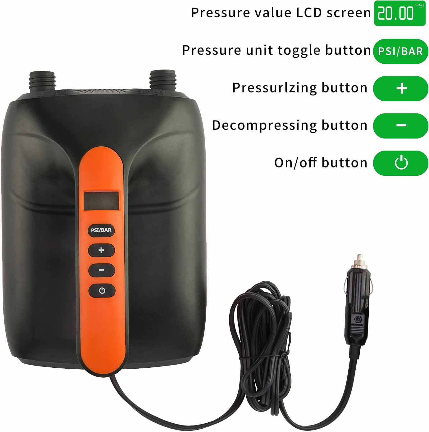 Electric Air Pump for Inflatable Stand Up Paddle Boards, Boats,Kayak,12V DC Car Connector