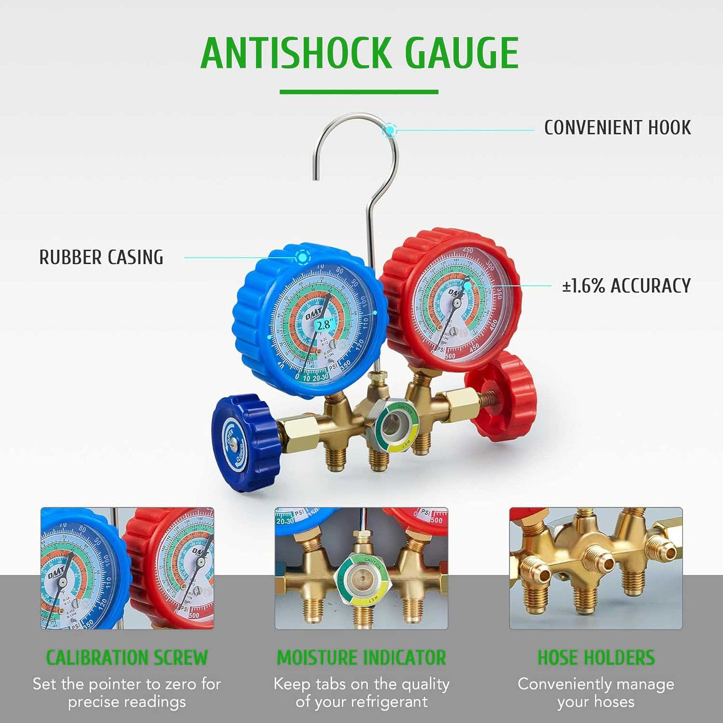 AC Gauges, AC Manifold Gauge Set for R134a R12 R22 R502, 3 Way Automotive AC Gauge Set with Antishock Gauges Hoses Couplers Adapter, Puncturing Can Tap Freon Recharge Kit