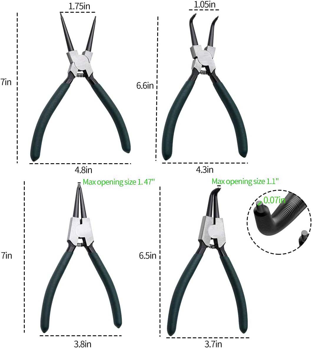 Snap Ring Pliers Set 4pcs 7" Internal/External Circlip Pliers Kit with Straight/Bent Jaw for Ring, Hoses, Gaskets Remove and Retaining