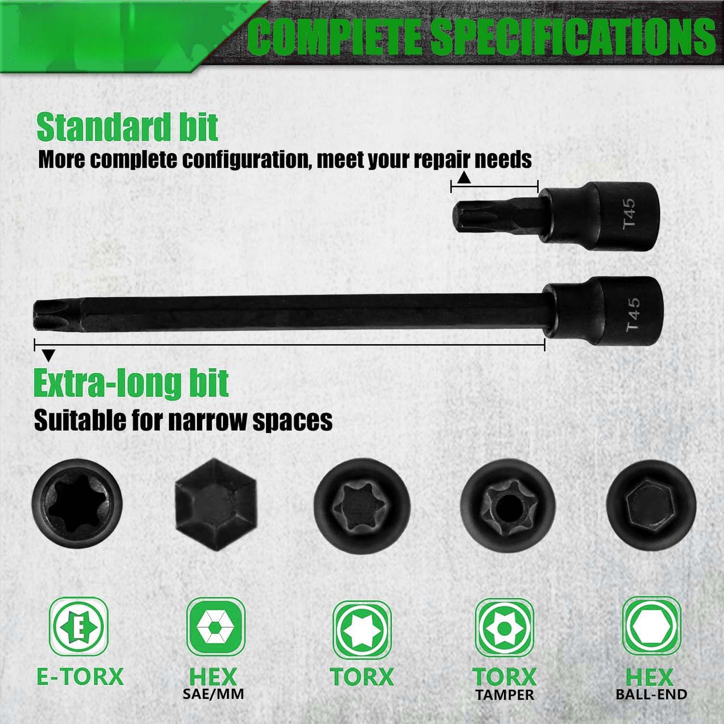 SAE/Metric 107PCS Hex Allen Torx Bit Socket Set, 1/4", 3/8" and 1/2" Drive,Extra Long Tamper Proof S2 Alloy Steel Bits