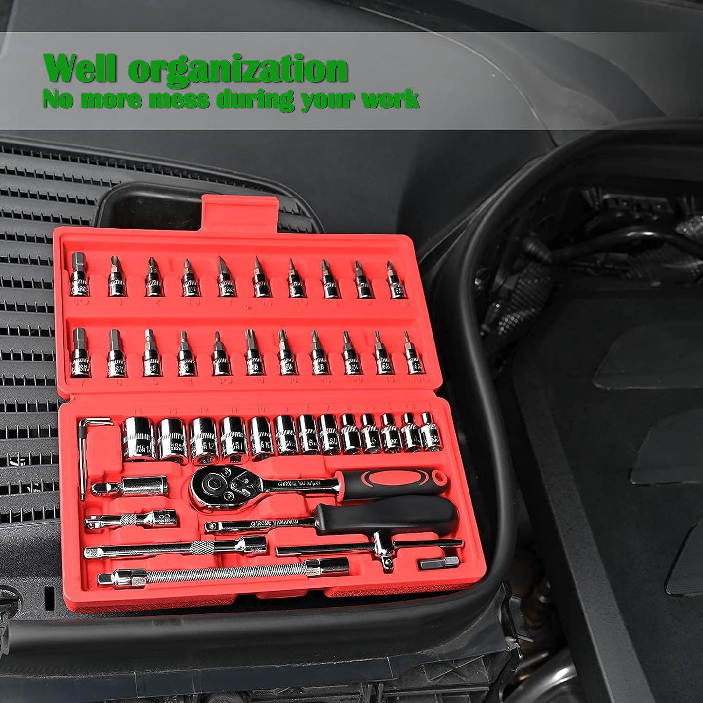 46 Pieces 1/4 inch Drive Socket Ratchet Wrench Set, with Bit Socket Set Metric and Extension Bar for Auto Repairing and Household