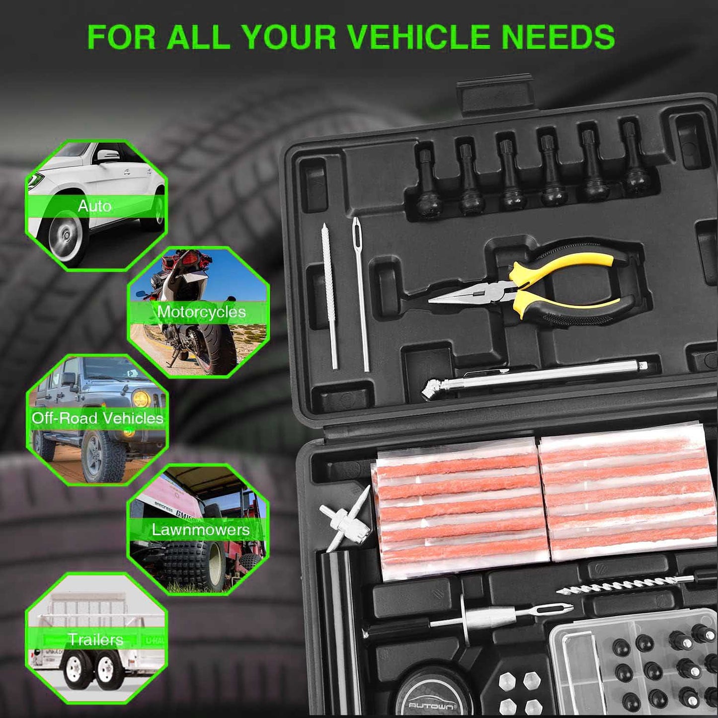 102 Pcs Tire Repair Kit Universal Tools to Fix Punctures and Plug Flats for Most Vehicles