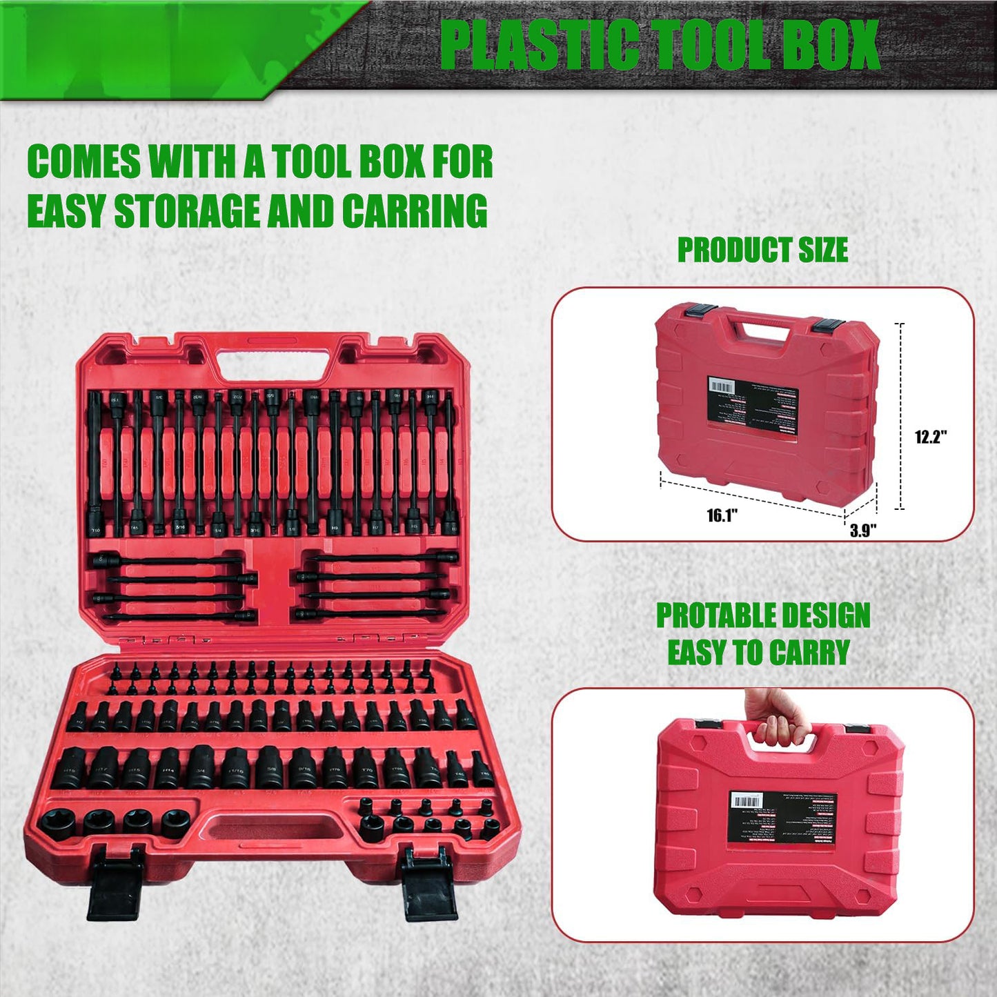 SAE/Metric 107PCS Hex Allen Torx Bit Socket Set, 1/4", 3/8" and 1/2" Drive,Extra Long Tamper Proof S2 Alloy Steel Bits