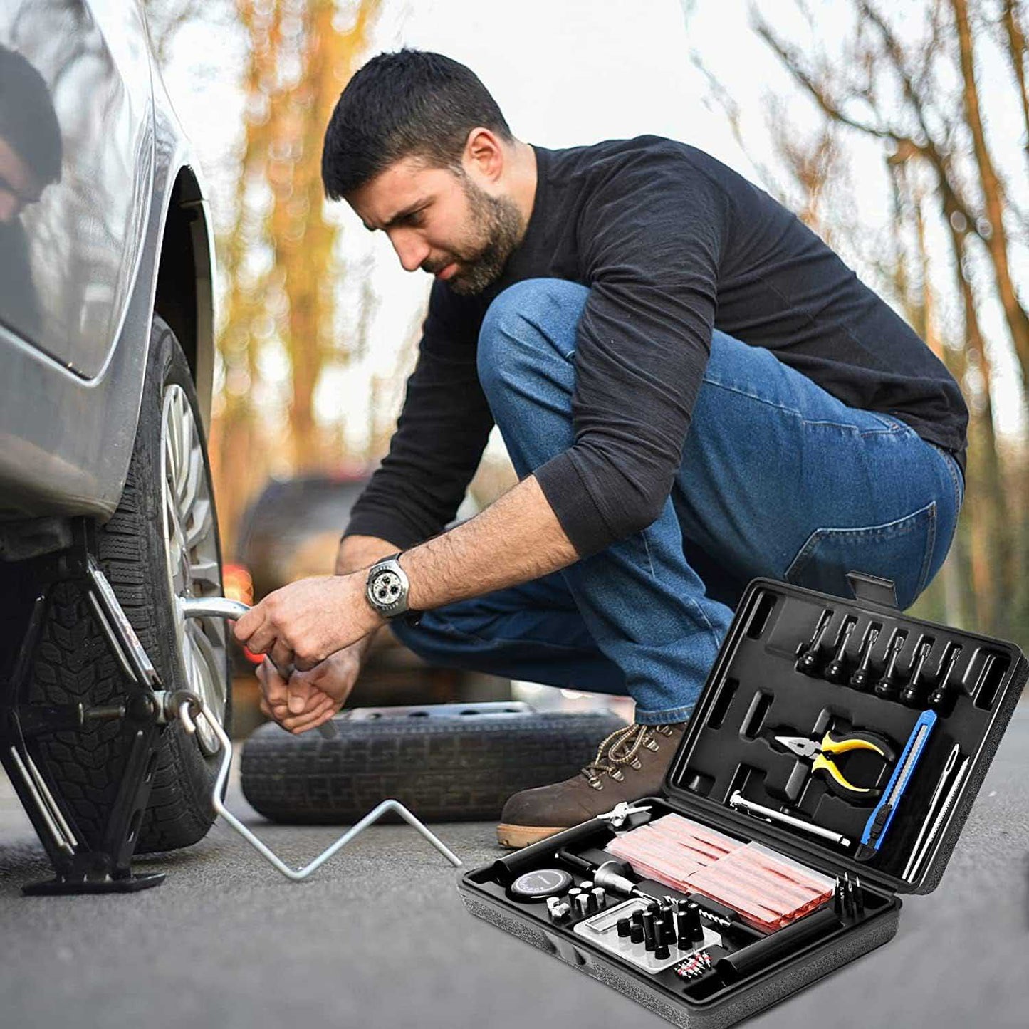 102 Pcs Tire Repair Kit Universal Tools to Fix Punctures and Plug Flats for Most Vehicles