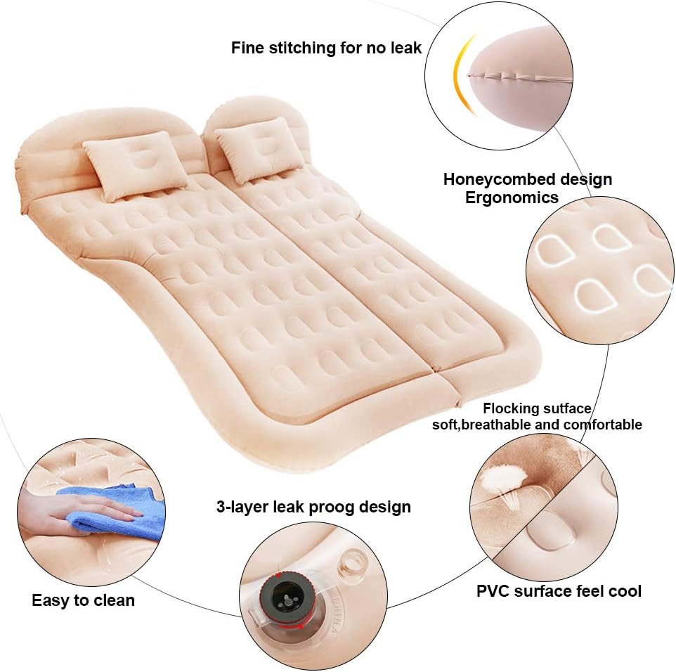 Air Mattress Inflatable Pad Bed with Pillow for SUV, Color Beige