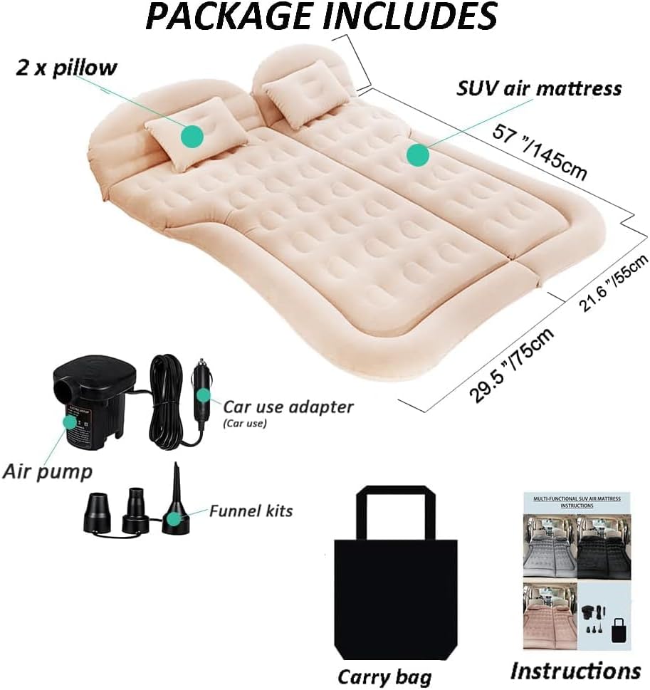 Air Mattress Inflatable Pad Bed with Pillow for SUV, Color Beige