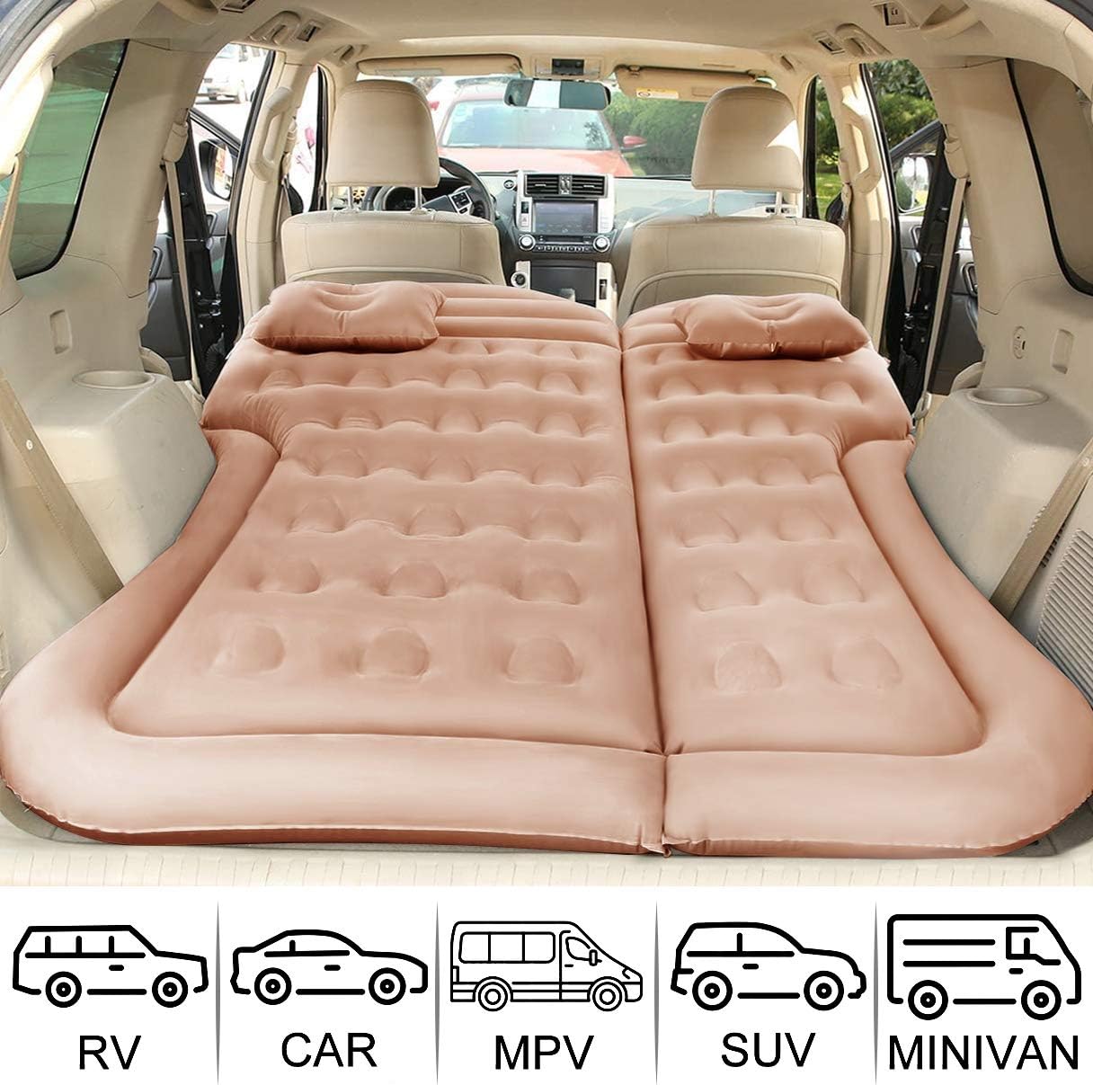 Air Mattress Inflatable Pad Bed with Pillow for SUV, Color Beige