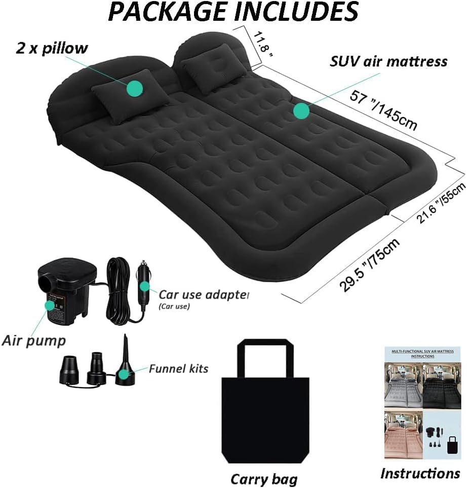 Air Mattress Inflatable Pad Bed with Pillow for SUV, Color Black