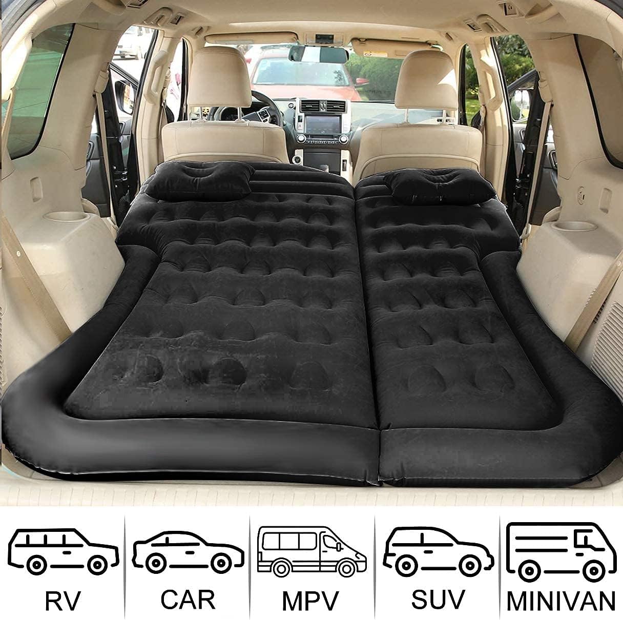 Air Mattress Inflatable Pad Bed with Pillow for SUV, Color Black