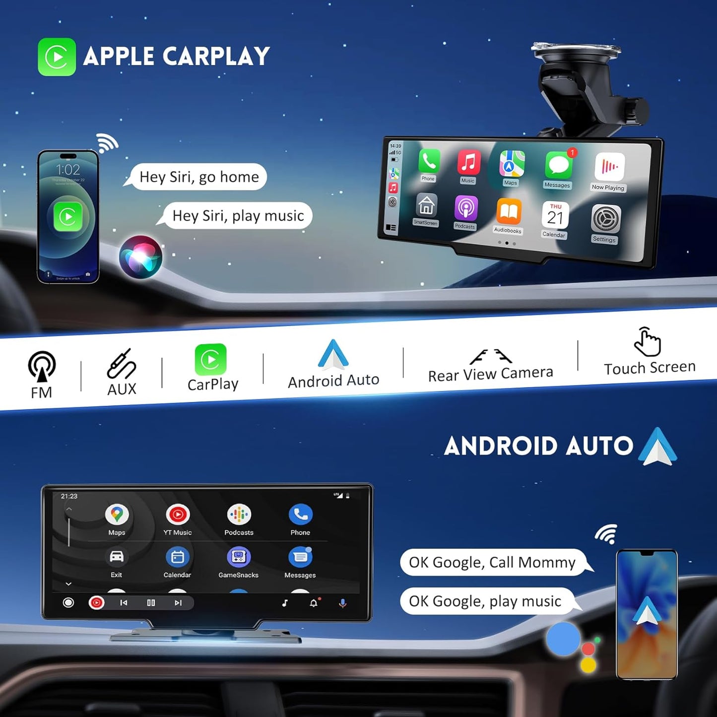 Carplay Android Auto 10.26 inch Wireless Touch Screen for Car 4K Dash Cam