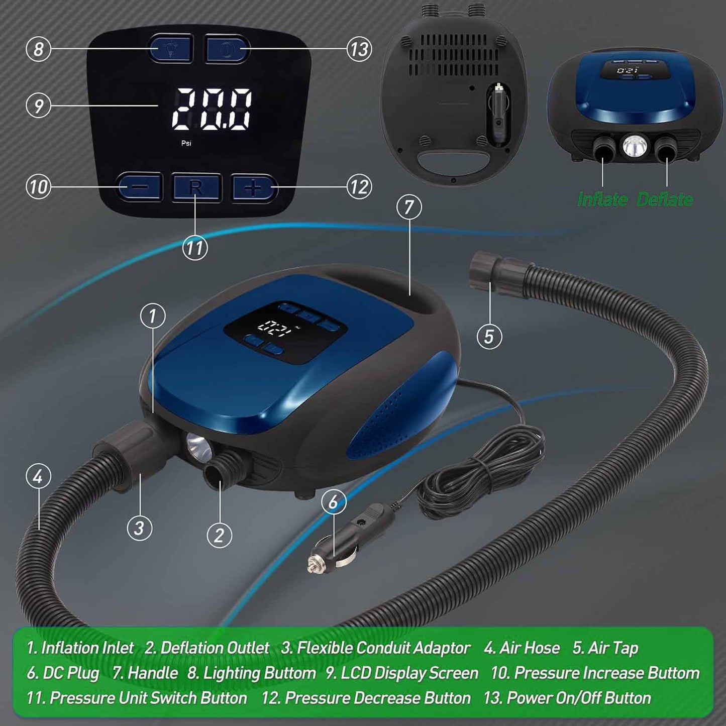 Portable Pump for SUP Paddle Board with Auto-Off, Deflation Function 12V DC Car Cigarette Lighter for Inflatables, Kayaks and Boats, Blue