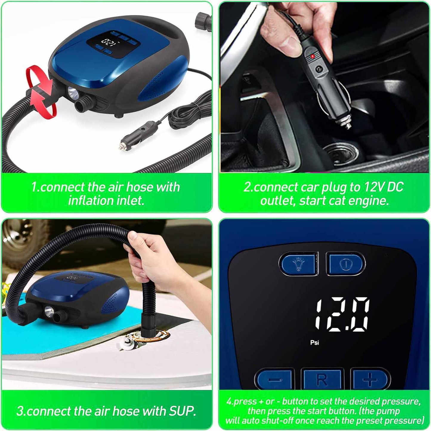 Portable Pump for SUP Paddle Board with Auto-Off, Deflation Function 12V DC Car Cigarette Lighter for Inflatables, Kayaks and Boats, Blue