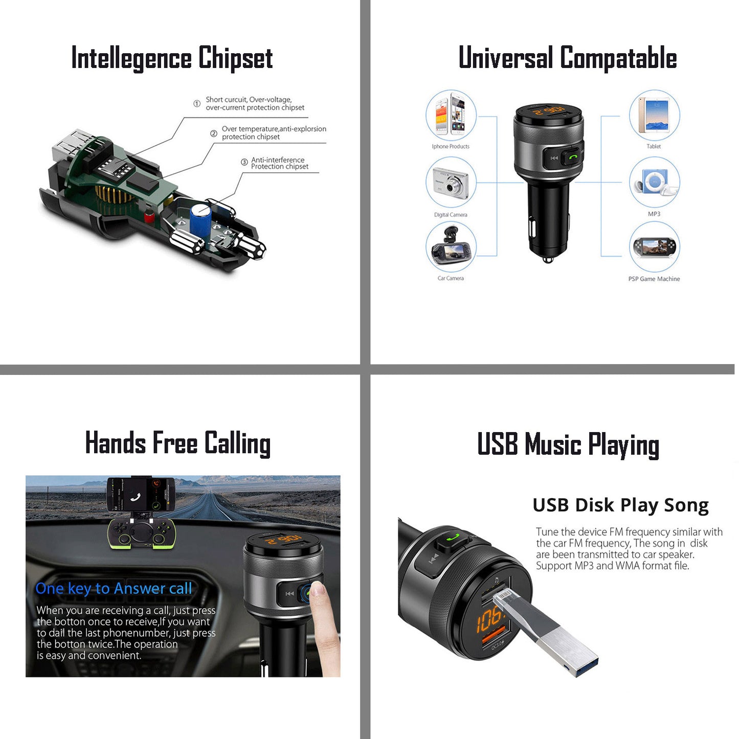 All in one Bluetooth Adapter FM Transmitter Music Player Charger