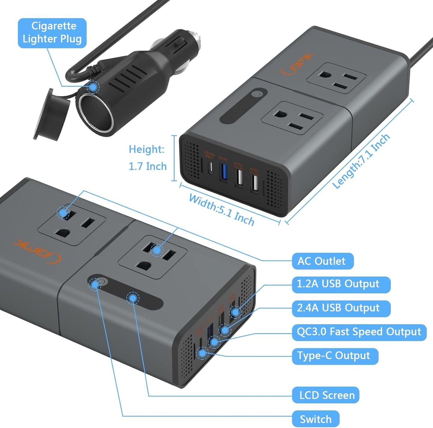 200W Car Power Inverter DC 12V to 110V Plug Outlet Charger Adapter