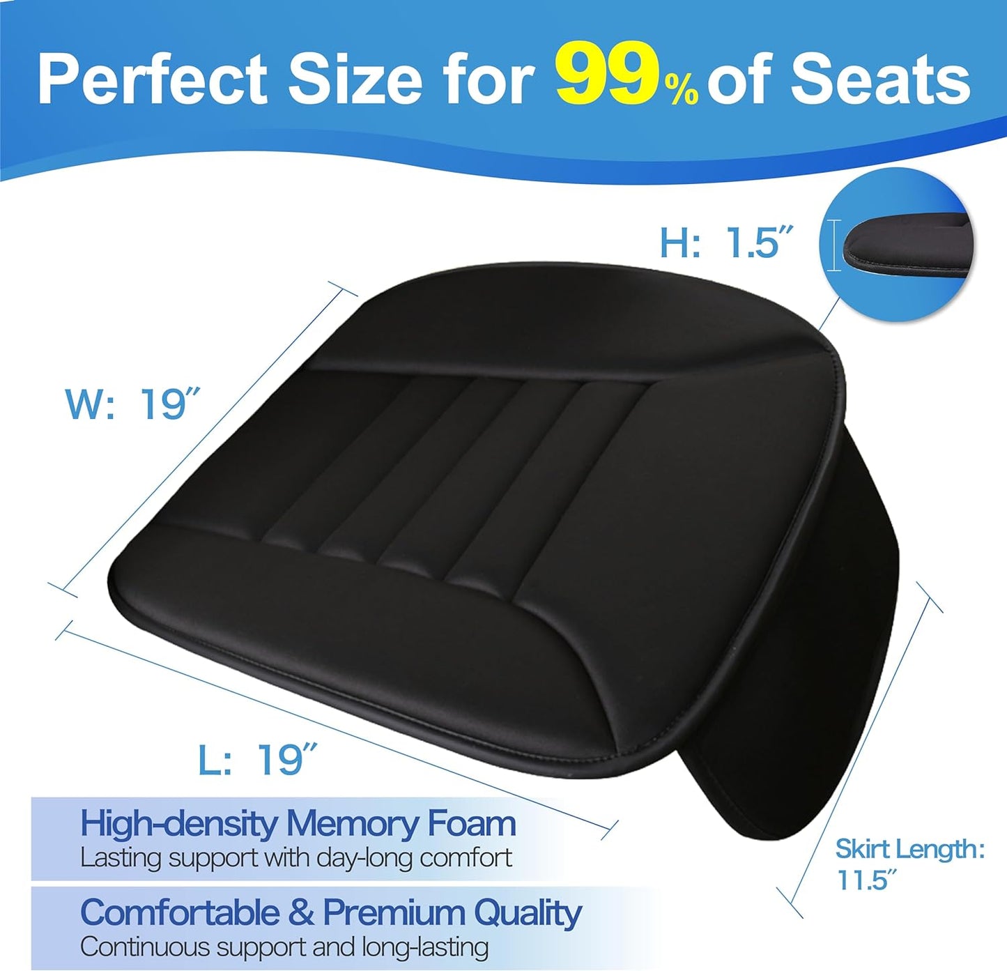 Memory Foam Car Seat Cushion with Storage Pouch, Color Black