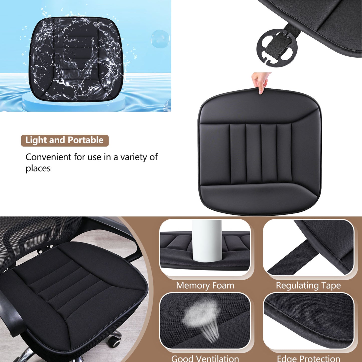 Memory Foam Car Seat Cushion with Storage Pouch, Color Black