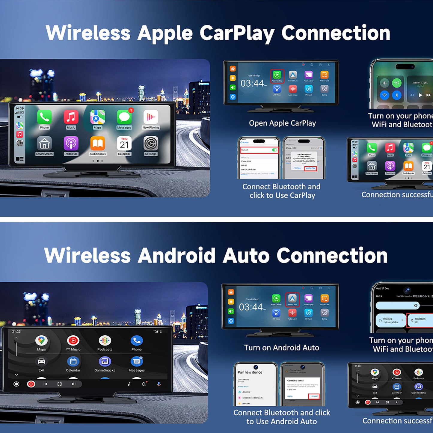 Carplay Android Auto 10.26 inch Wireless Touch Screen for Car 4K Dash Cam