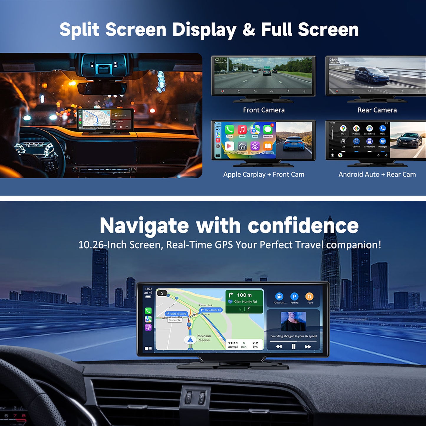 Carplay Android Auto 10.26 inch Wireless Touch Screen for Car 4K Dash Cam