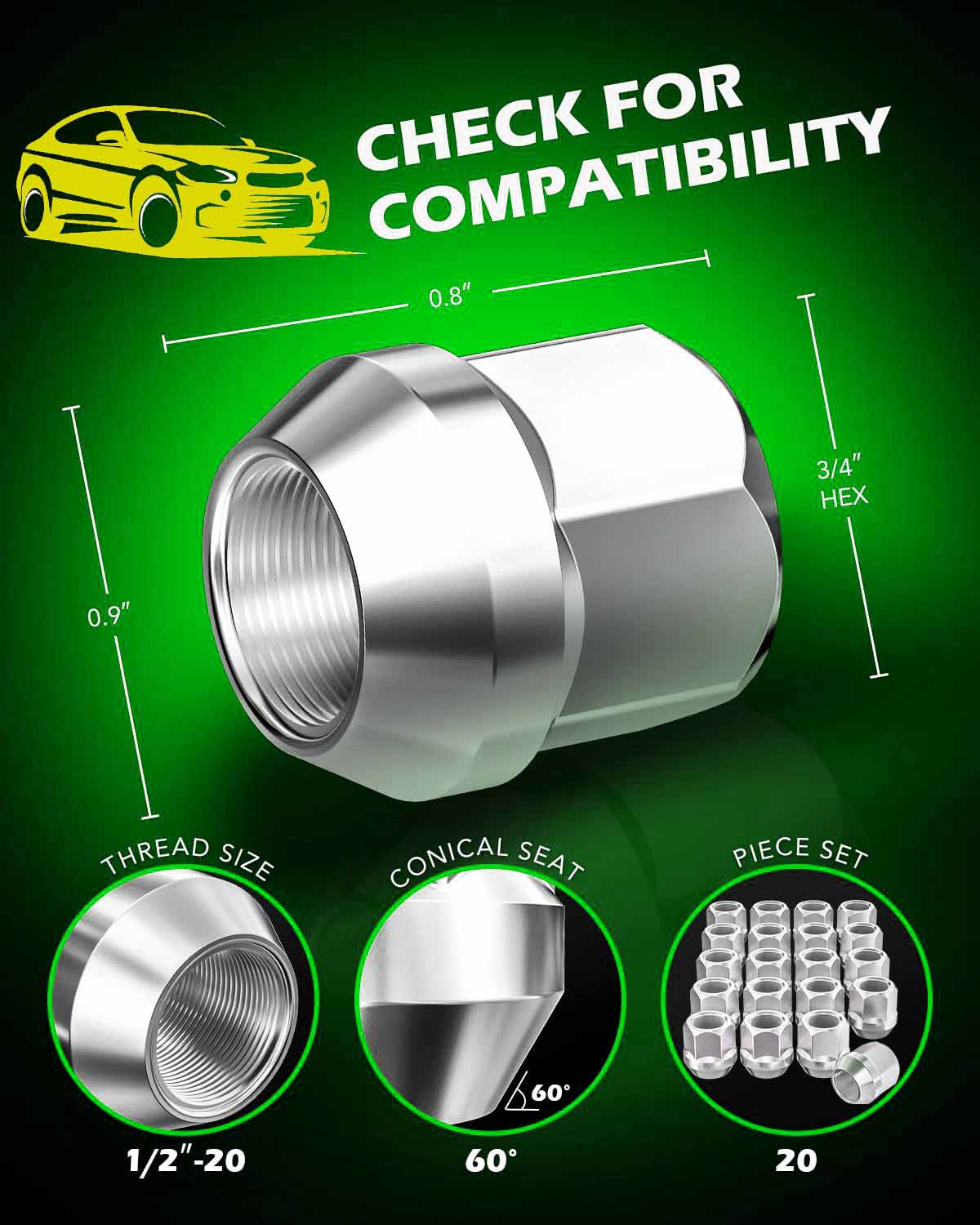 20 Pieces 1/2"-20 Open End Lug Nuts, Chrome Plated 3/4" 19mm Hex 0.84x0.9 in - SHARGGE