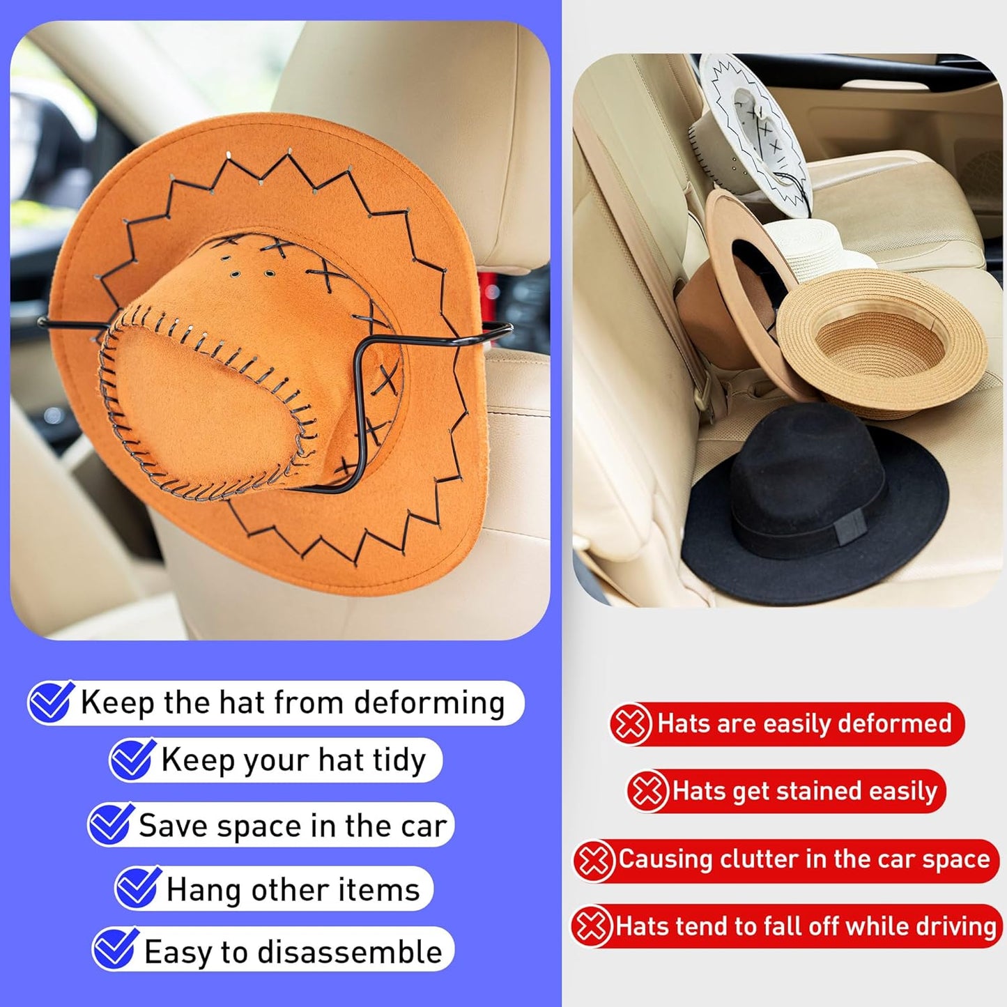 Car Seat Hat Rack For Cowboy Hats Caps and Flat Brim Hats - SHARGGE