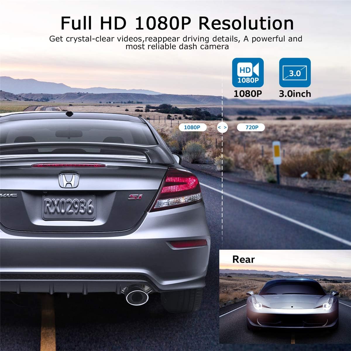 Front Rear Dual Channel 1080P Full HD Dash Cam LCD Display